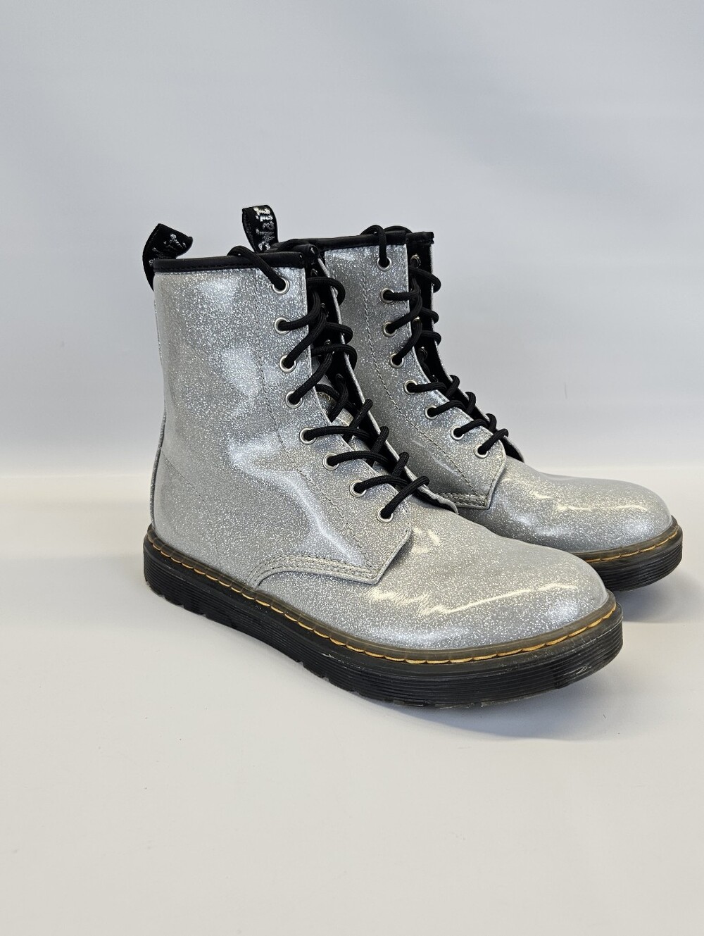 Dr Martens Combat Glitter Boots Zavala Y Womens 6 Side Zip Mens 5 Lace Up Silver